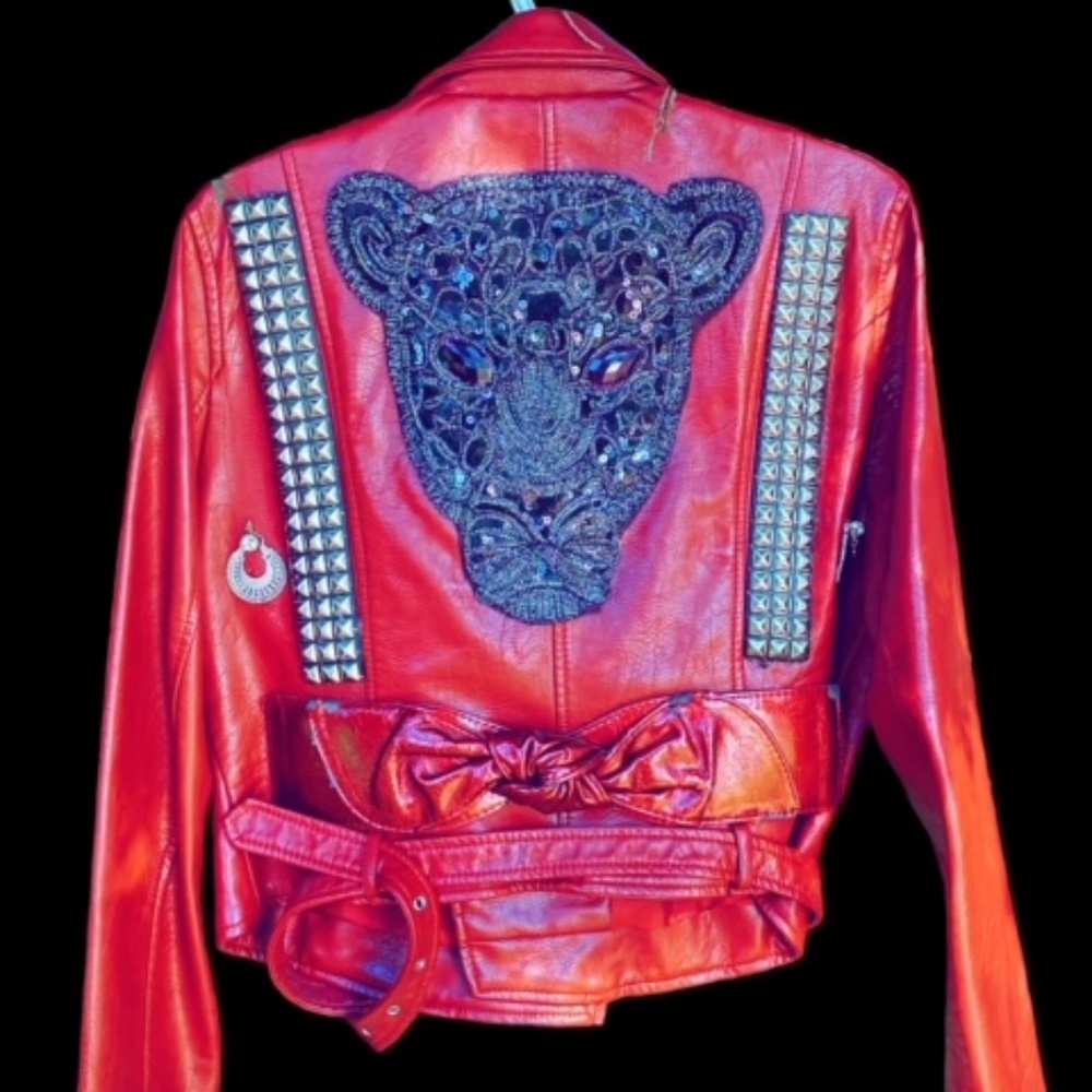 Custom ZARA Red Leather Moto Jacket By FARRAHNAYKA